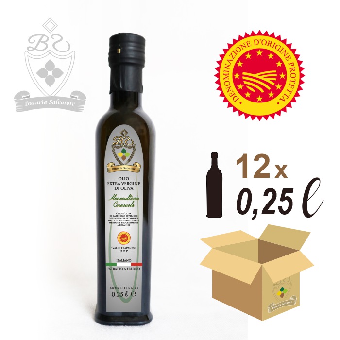 Olio Extravergine di Oliva D.O.P. Valli Trapanesi Monocultivar Cerasuola 0,25 litri (12 bottiglie)