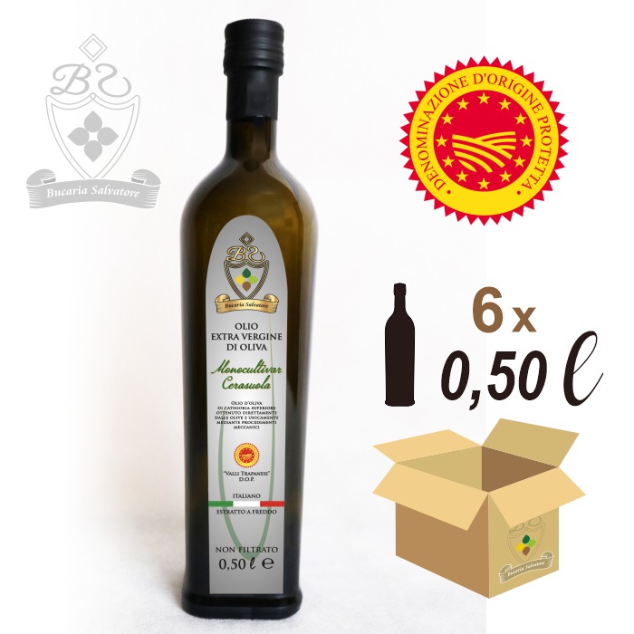 Olio Extravergine di Oliva D.O.P. Valli Trapanesi Monocultivar Cerasuola 0,50 litri (6 bottiglie)