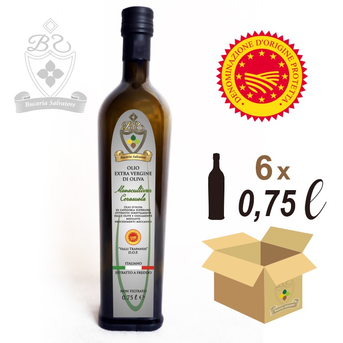 Olio Extravergine di Oliva D.O.P. Valli Trapanesi Monocultivar Cerasuola 0,75 litri (6 bottiglie)